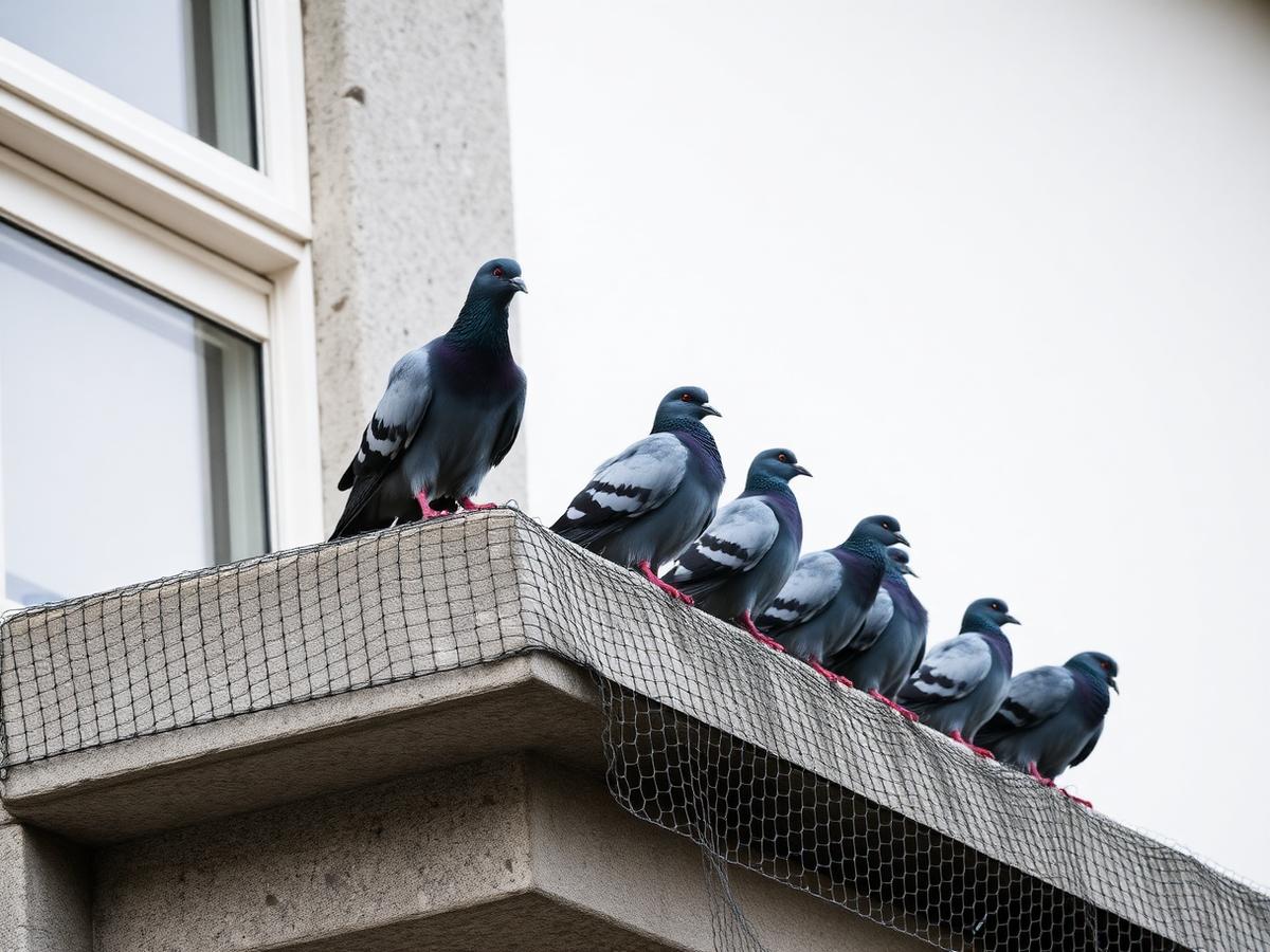 Tauben auf einem Balkongeländer mit Schutznetz