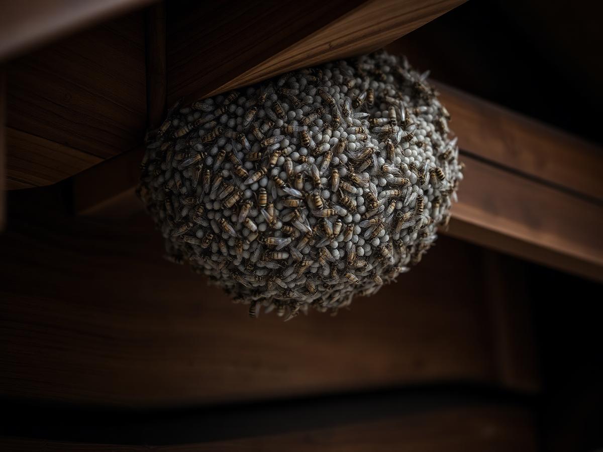 Wespennest unter dem Holzdachvorsprung eines Hauses