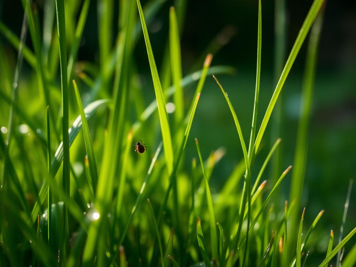 Zecke auf einem Grashalm in einem Garten