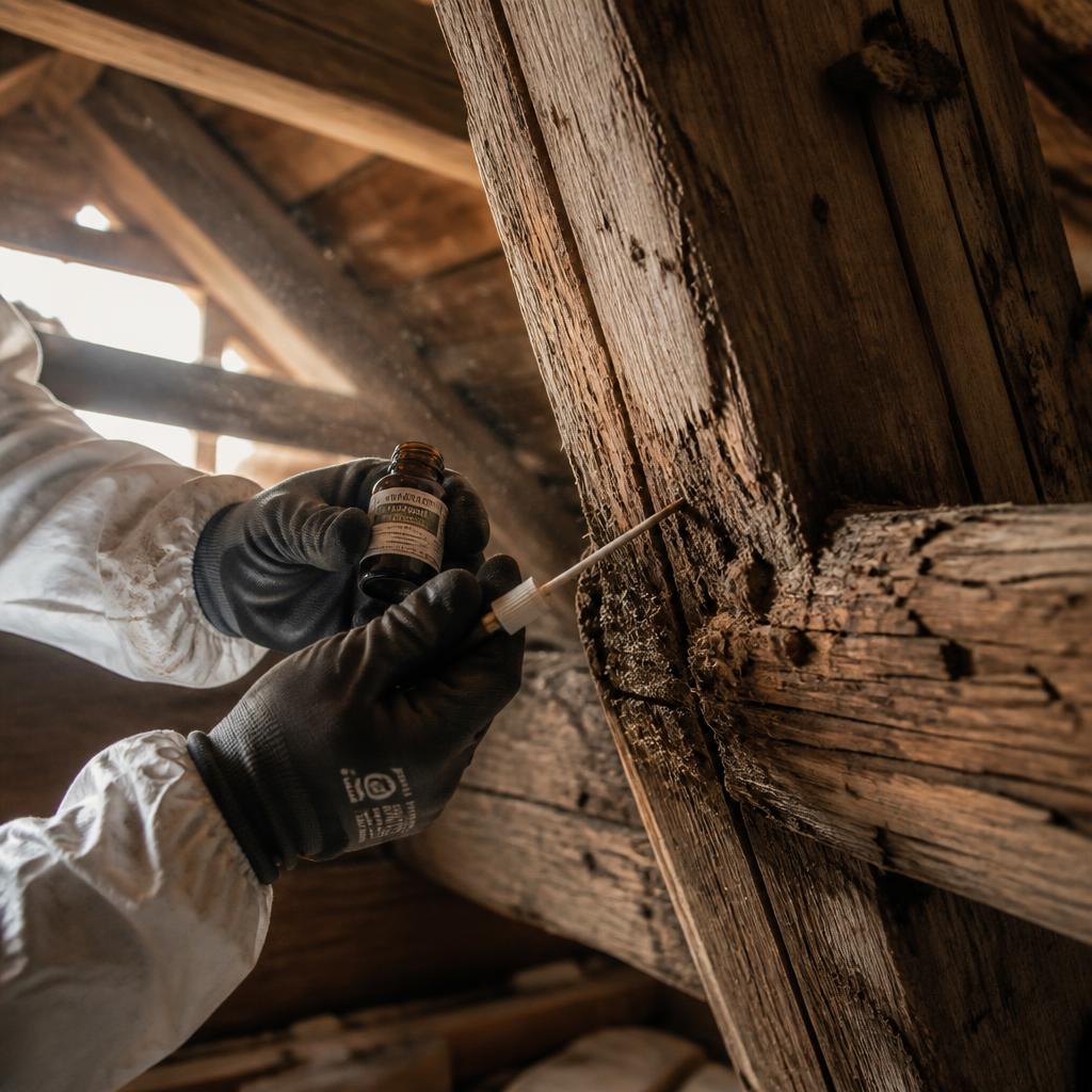 Behandlung eines alten Holzbalkens gegen Holzwurm im Dachboden