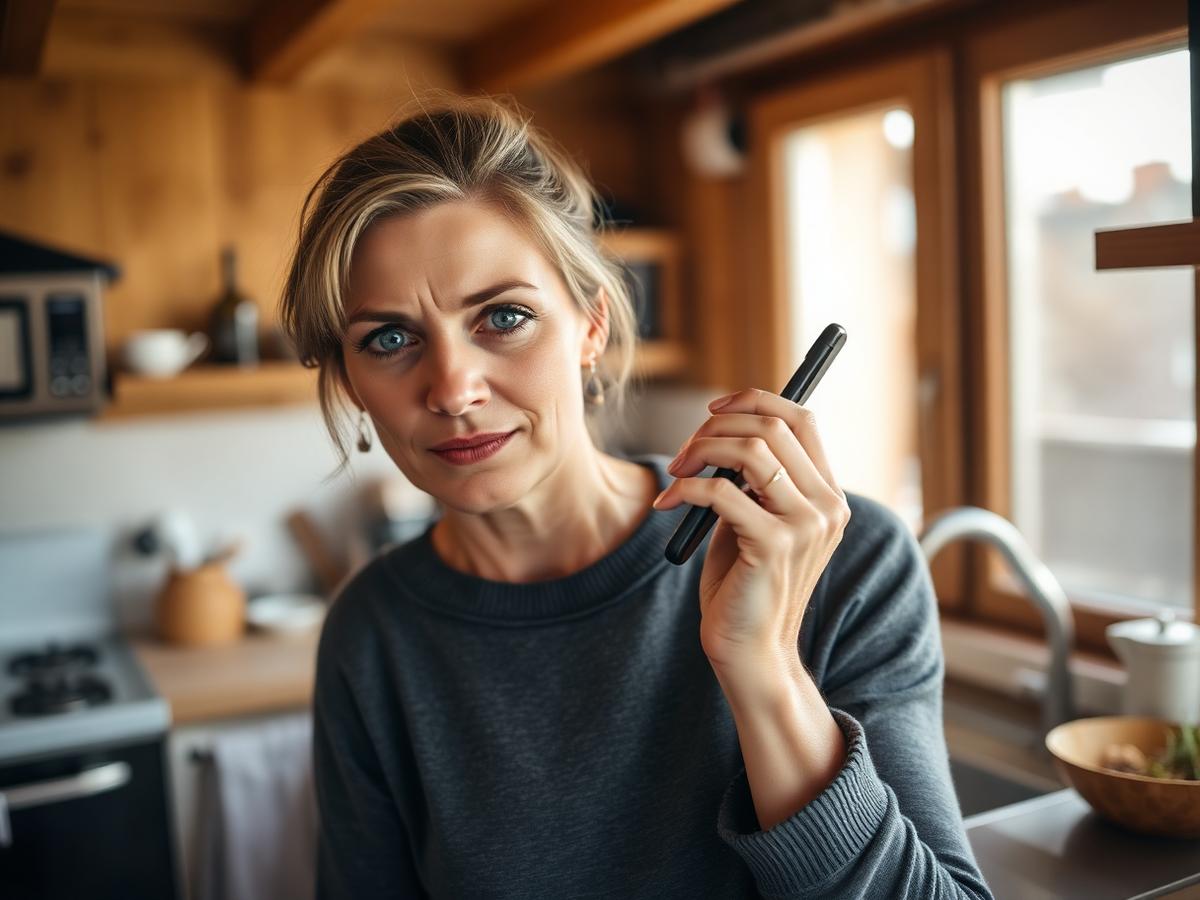 Frau in ihrer Südtiroler Küche telefoniert wegen eines Schädlingsproblems